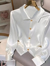 Women's Elegant Solid Color White Satin Blouse with Golden Button Details - Long Sleeve, Large Lapel Collar, Non-Sheer, Machine Washable, All-Season Casual Wear, Ladies Blouses