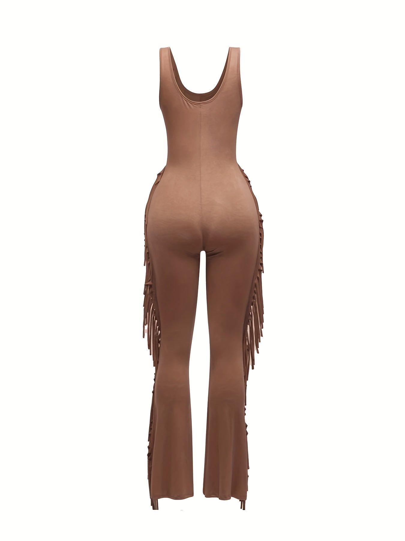 Women'S Casual Brown Fringe Jumpsuit - Comfortable Sleeveless Unitard with Tassel Details, All-Season Wear, Adult Size, Casual Attire | Fringe Detailing | Sleeveless Jumpsuit