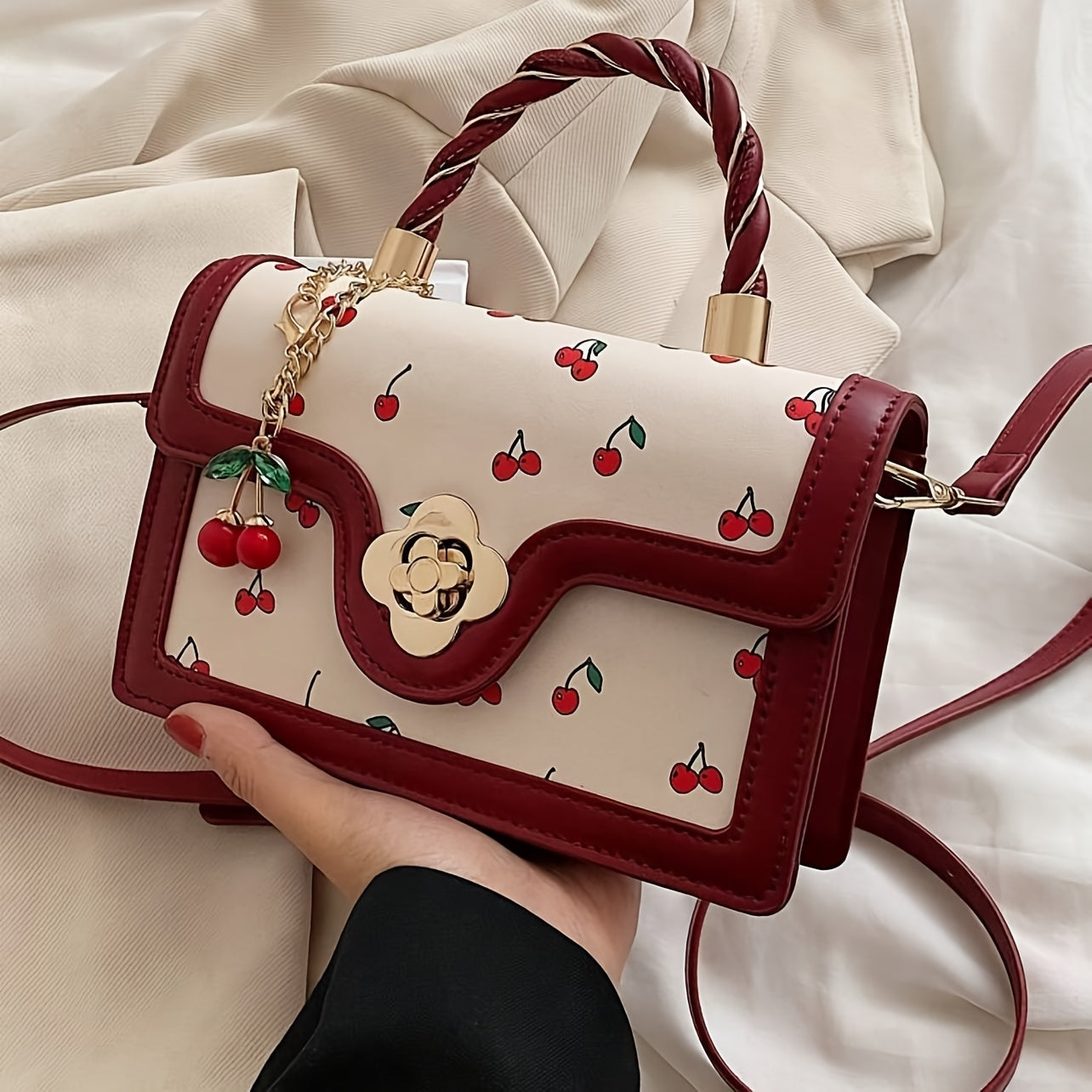Fashionable High-End PU Tote Bag with Versatile Square Shape and Cute Cherry Print, Perfect for Shopping, Dating Or Cross-Body for Girls., Kawaii Cherry Elements