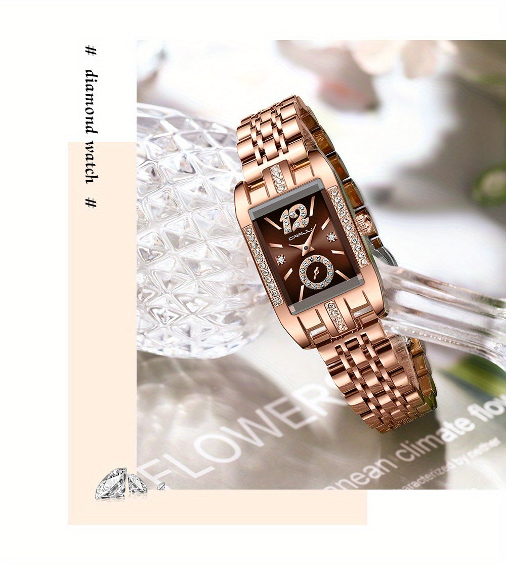 Stainless Steel Women's Luxury Watch, Elegant Rectangle Pointer Analog Quartz Rhinestone WR Wrist Watch