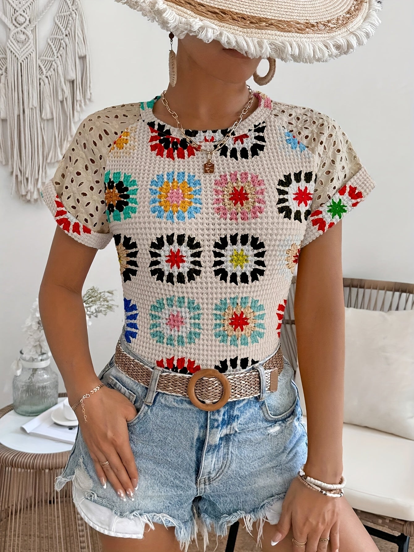 Women's Stylish Geometric Print T-Shirt with Lace Sleeves & Color Block Cuffs - Lightweight Polyester Blend for Spring, Summer & Fall - Machine Washable Casual Top, Casual Summer Top | Lace Sleeves Top | Trendy Tshirt