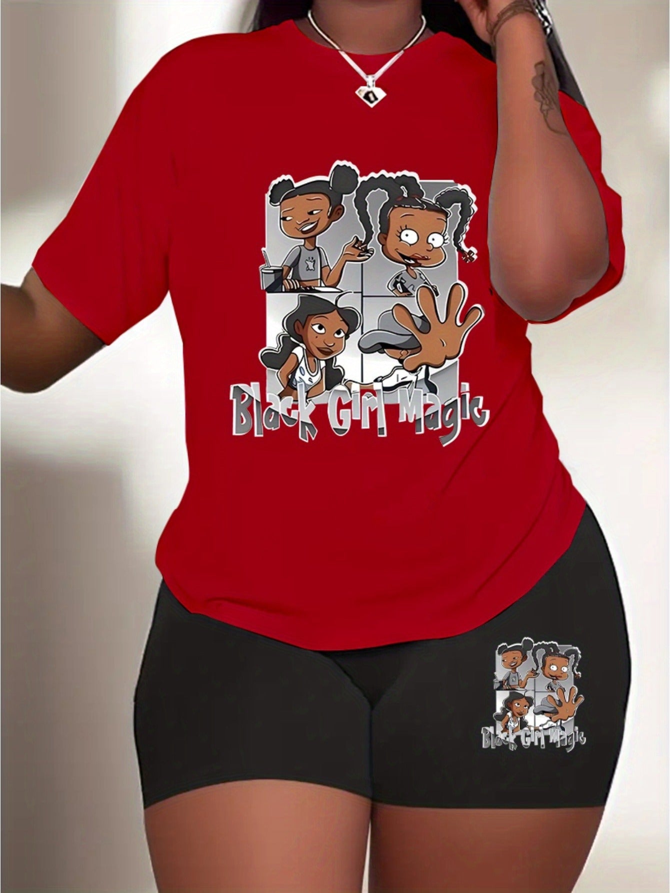 Women's casual cartoon print, polyester knit T-shirt and shorts leggings set, crewneck short sleeves, regular fit, all seasons