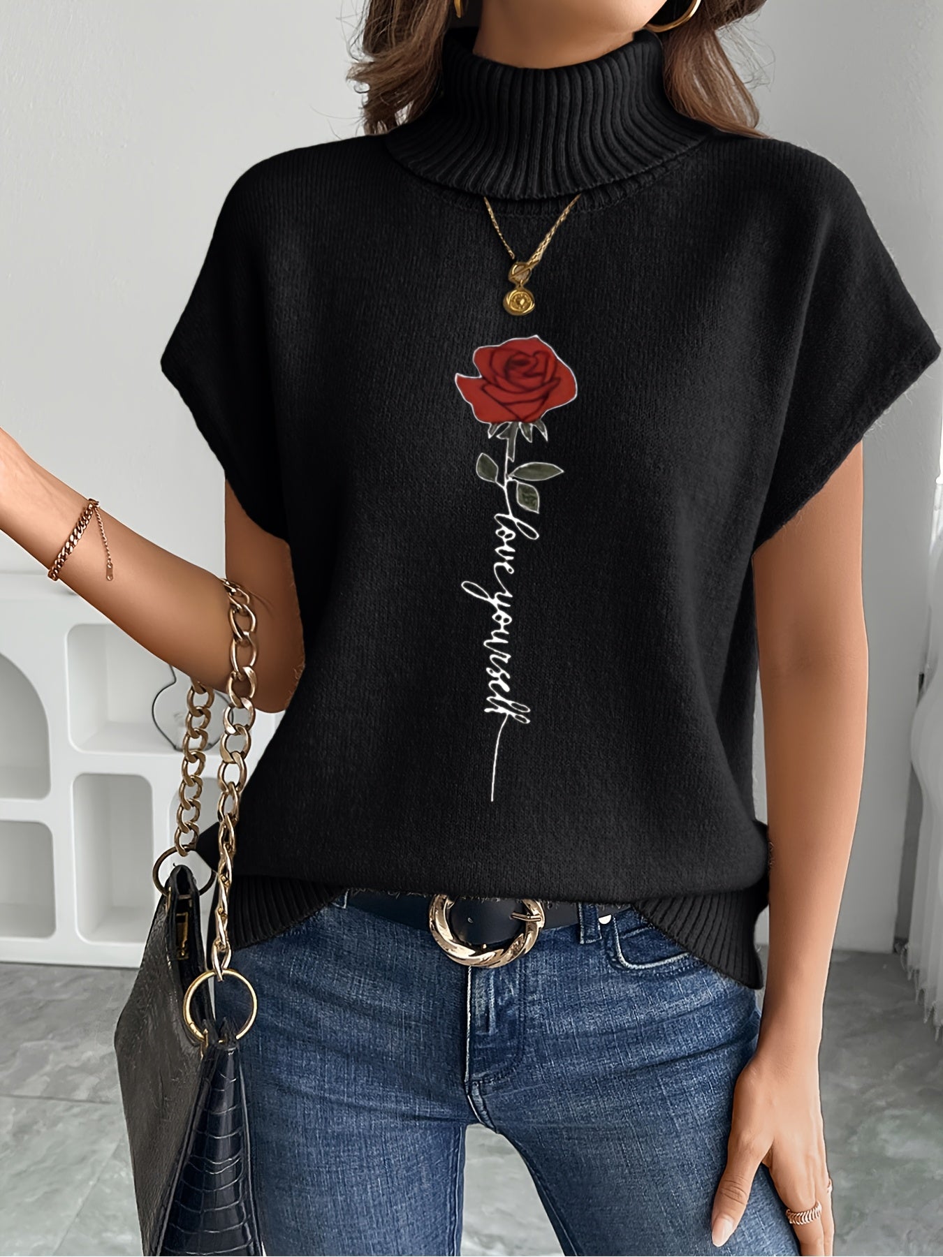 Women's Casual Rose Print Sleeveless Knit Vest - Elegant Beige Sweater with High Neckline and Stretchy Fabric, Perfect for Spring/Summer/Fall