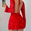 Women's Red Floral Print Backless Mini Dress with Tie Flare Sleeves - Sexy, Fashionable, Polyester, Machine Washable
