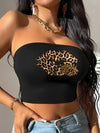 Women's Black Leopard Print Lip Graphic Tube Top - Casual All-Season Comfort, Y2K Style, Strapless Crop Top with Bold Kiss Mark Design, Polyester Blend, Machine Washable, Casual Wear Top | Y2K Fashion | Stretchy Fabric
