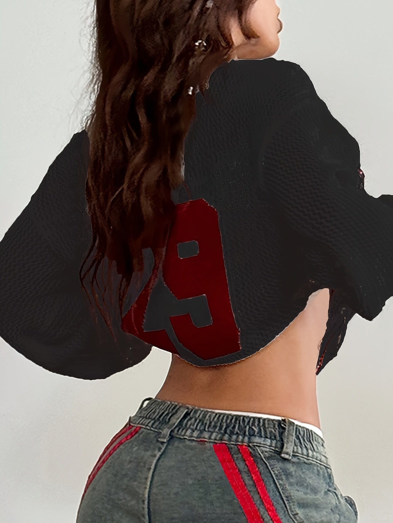 Women'S Elegant Off-Shoulder Crop Top with "PS" Design - White & Red Knit Sweater, Summer Acrylic Top with V-Neck & Long Sleeves, Casual Fashion, Casual Summer Top|Vneck Sweater|Knit Texture
