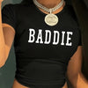 BADDIE Letter Print Crop Top T-Shirt - Soft Polyester Knit, Short Sleeve, Black with White Text, Slim Fit, Casual & Sexy Style for Women
