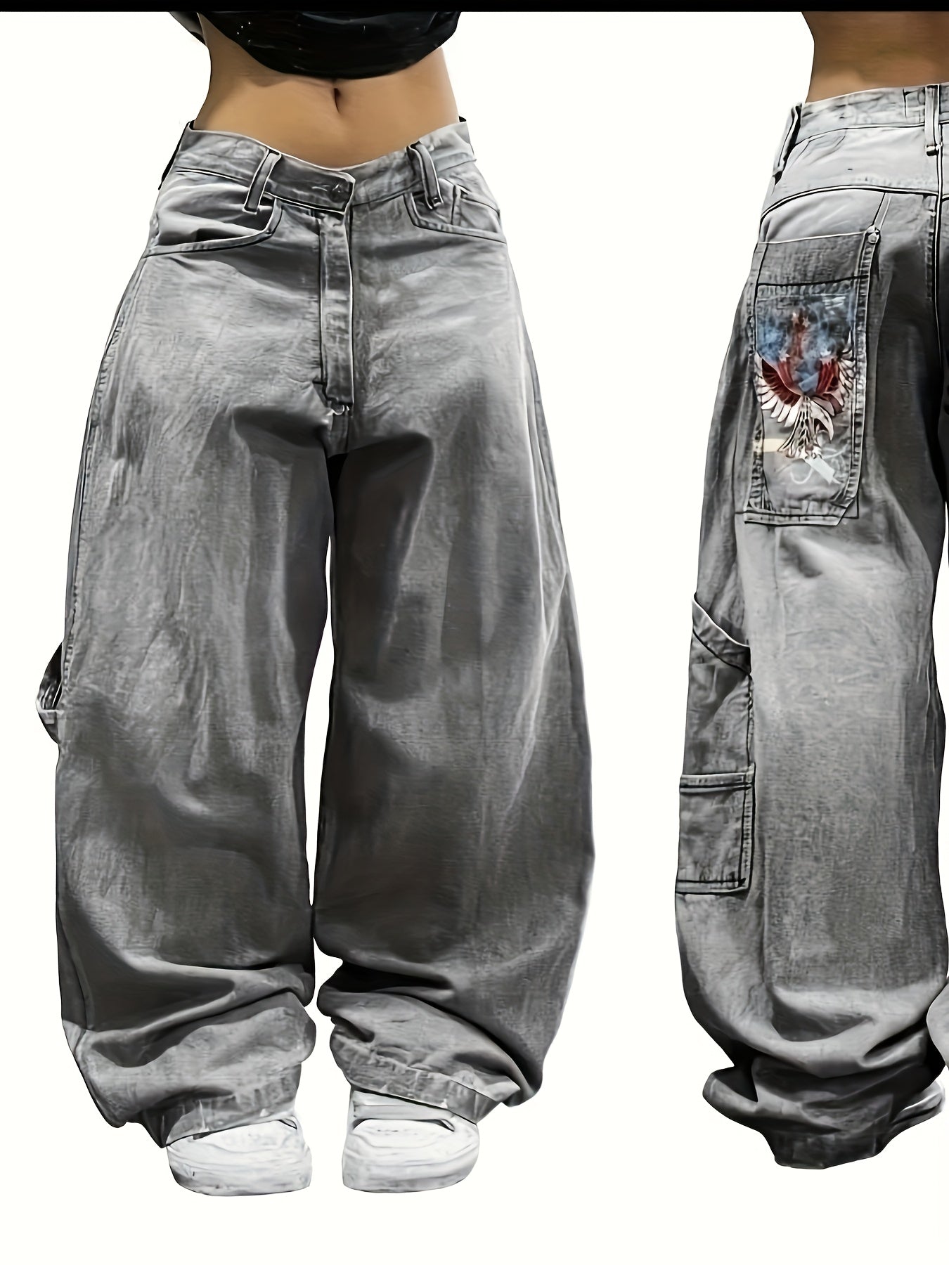 Print-Inspired Y2K Street Style Loose Fit Wide Leg Jeans for Women & Men - Gray Washed Denim with Eagle Design, Polyester Blend, Comfortable & Stylish Hip-Hop Fashion Pants, Casual Wear Pants | Patched Pocket Jeans | Durable