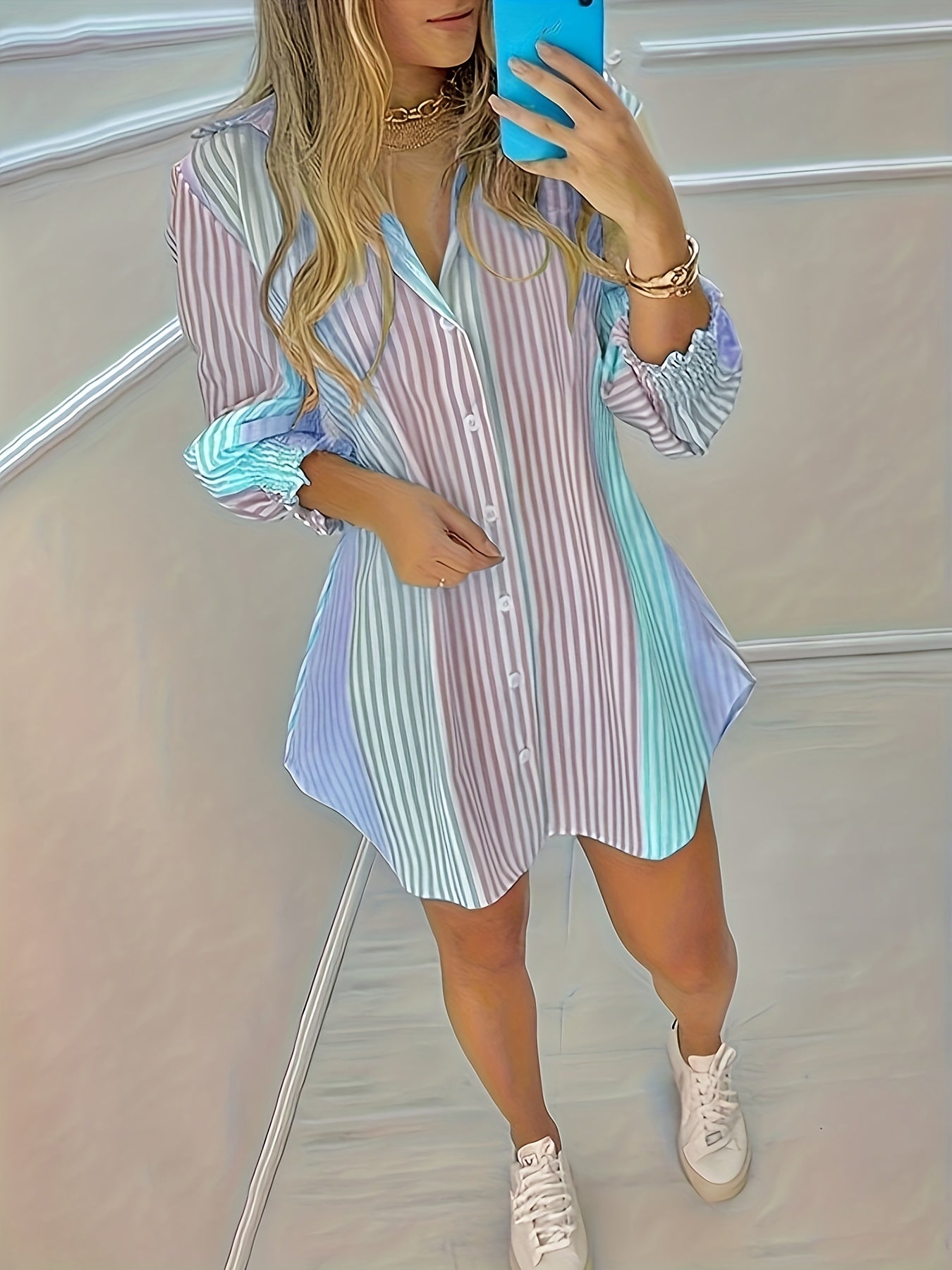Striped Button Front Shirt, Elegant Long Sleeve Lapel Shirt - Women's Clothing -  Stylish & Comfortable - For Casual & Formal Occasions - Perfect Gift for Women