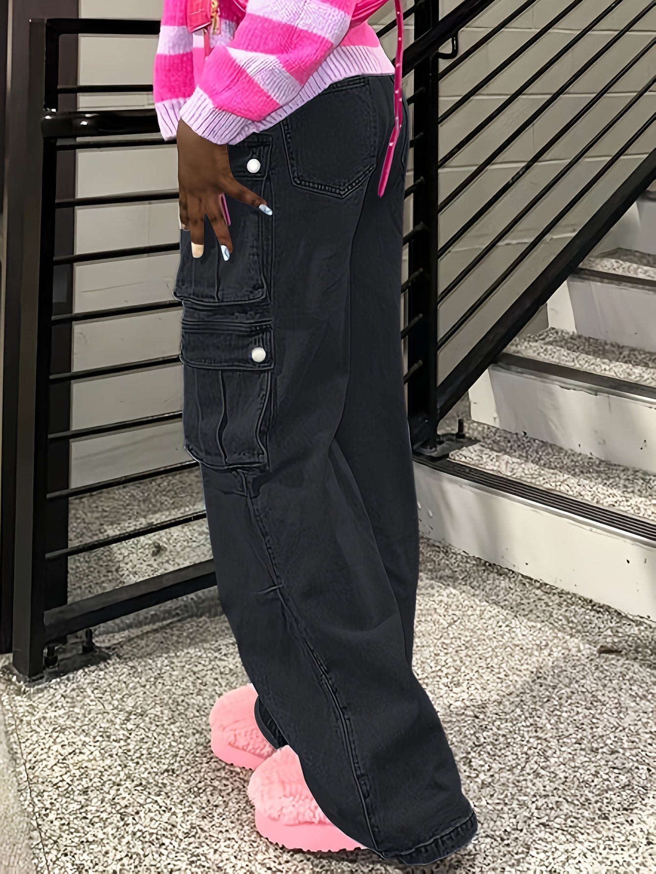 Ladies' Fashionable Retro Y2K Work Pants, High Waist Loose Wide Legs, Pockets, Comfortable Casual Style, Street Fashion Denim Pants