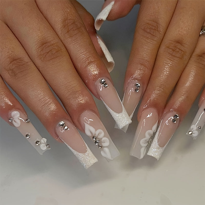 226pcs 168pcs Glossy Long Square Fake Nails (7 pack)  + 58pcs Rings Set White French Tip Press On NailsWith Embossed Flower Rhinestone Design, sweet Cool Full Cover FalseNails For Women Girls