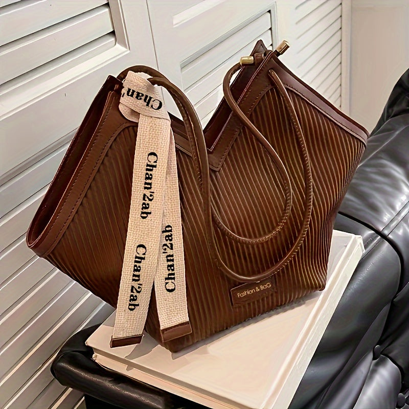 Chic Love-Themed Tote Bag - High-Capacity Beige & Black Design with Ribbon Accent, Versatile for Work and Casual Use, Durable PU Material, Zip Closure