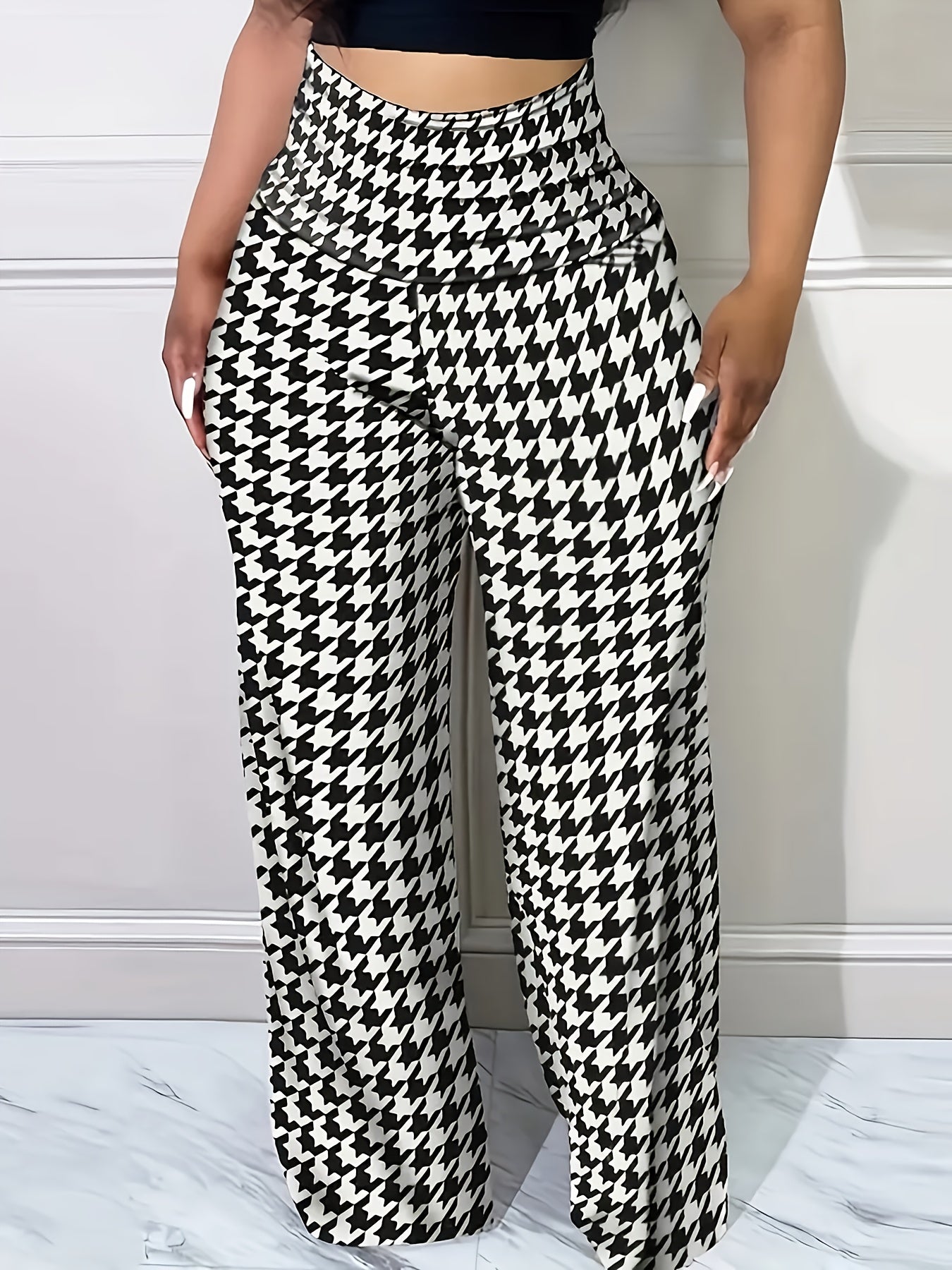 Chic Houndstooth High-Waist Wide-Leg Pants for Women - Stretchy, Casual & Machine Washable - For Women - Suitable for Everyday Wear, Work & Parties - Perfect Gift for Fashionable Women