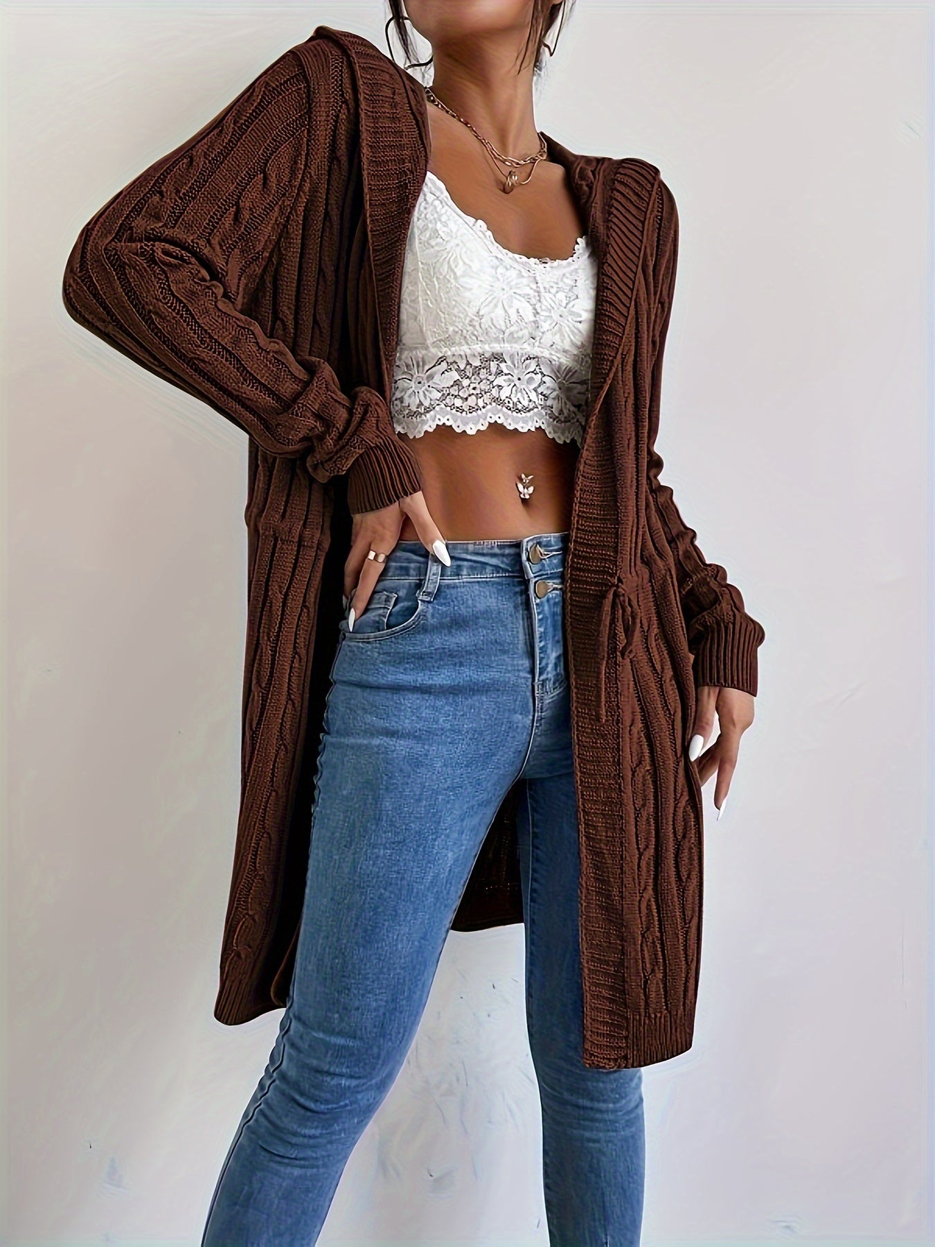 Cozy Chic Drawstring Waist Hooded Cardigan - Soft, Casual, Open Front, Long Sleeve, Relaxed Fit, Women's Clothing for Everyday Wear