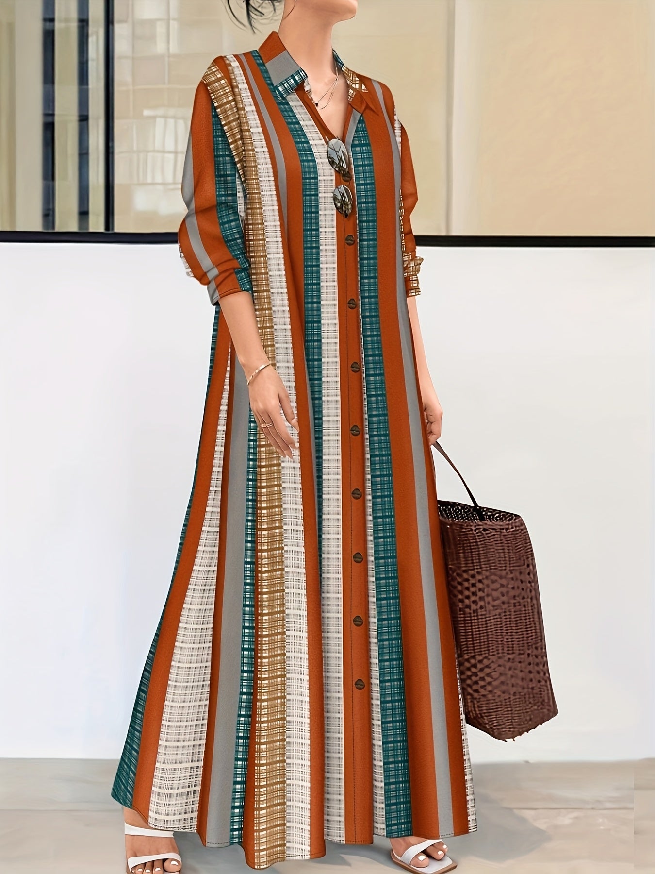 Elegant Women's Long Sleeve Geometric Color-Block Striped Shirt Dress - Front Button Closure, Machine Washable, All-Season Versatile Casual to Formal Wear