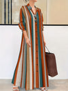 Elegant Women's Long Sleeve Geometric Color-Block Striped Shirt Dress - Front Button Closure, Machine Washable, All-Season Versatile Casual to Formal Wear