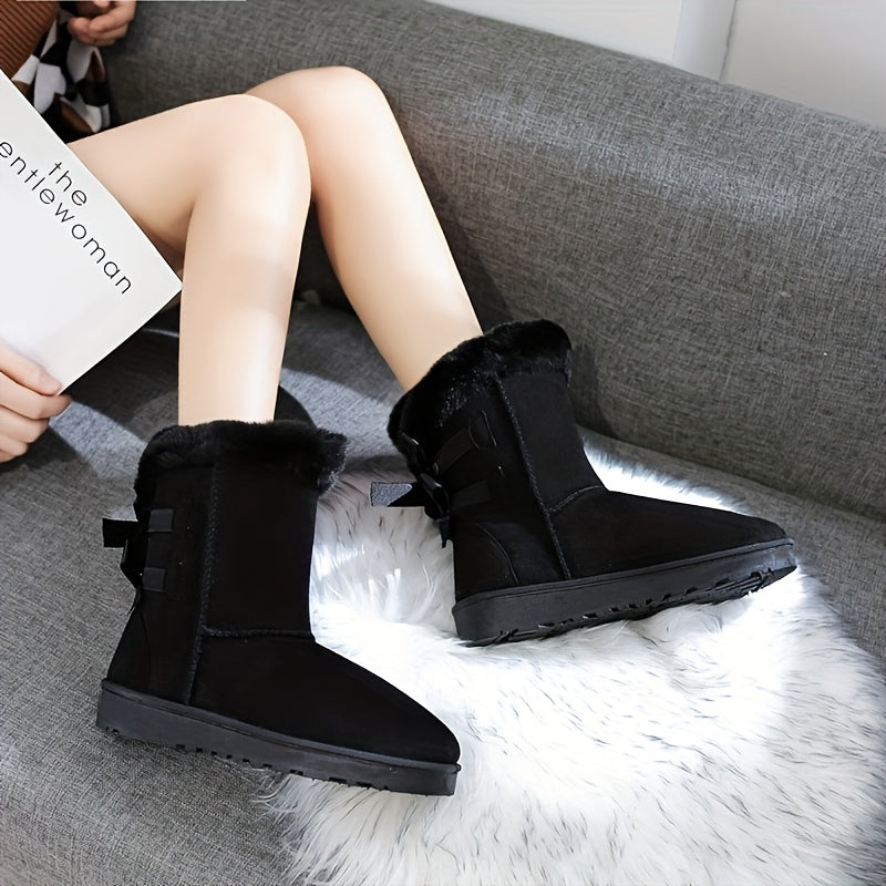 Women'S Mid-Calf Snow Boots with Faux Fur Trim, Round Toe, Non-Slip PVC Sole, Thick Warm Flannel Lined, Solid Color Winter Footwear