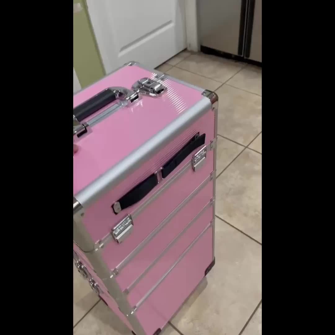 4in 1 Aluminum Cosmetic Professional Makeup Case Tattoo Box, Extra Large Cosmetic Case Rolling Makeup Case Trolley Makeup Travel Organizer with 360° Swivel Wheels Pink Black