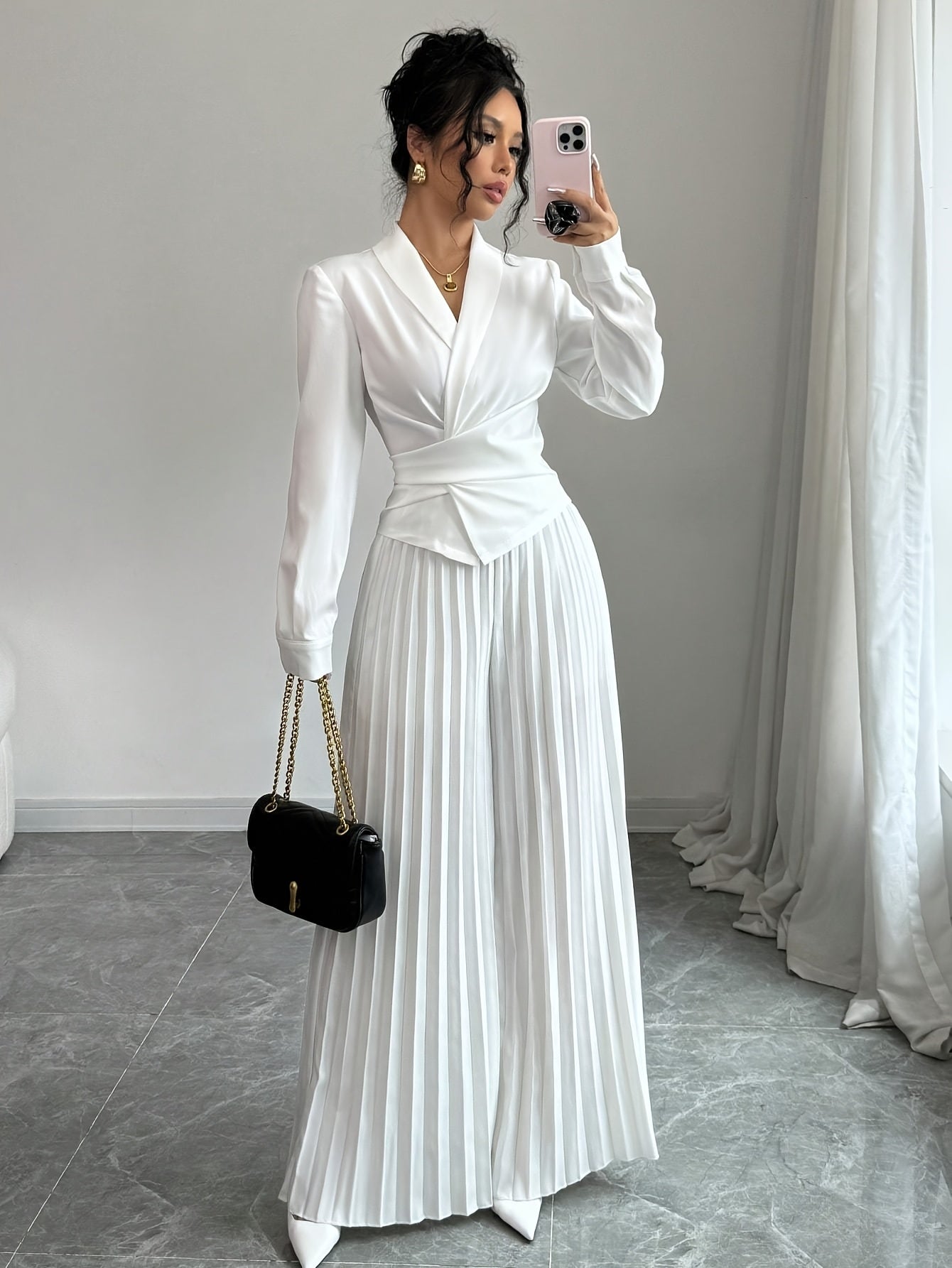 Elegant Women'S V-Neck Long Sleeve Top with Cross Twist Detail + Pleated Long Pants Set, Polyester 100%, Solid Color, Button Detail, Woven Fabric, Lightweight 50/100/120 g/m², Spring/Fall Collection