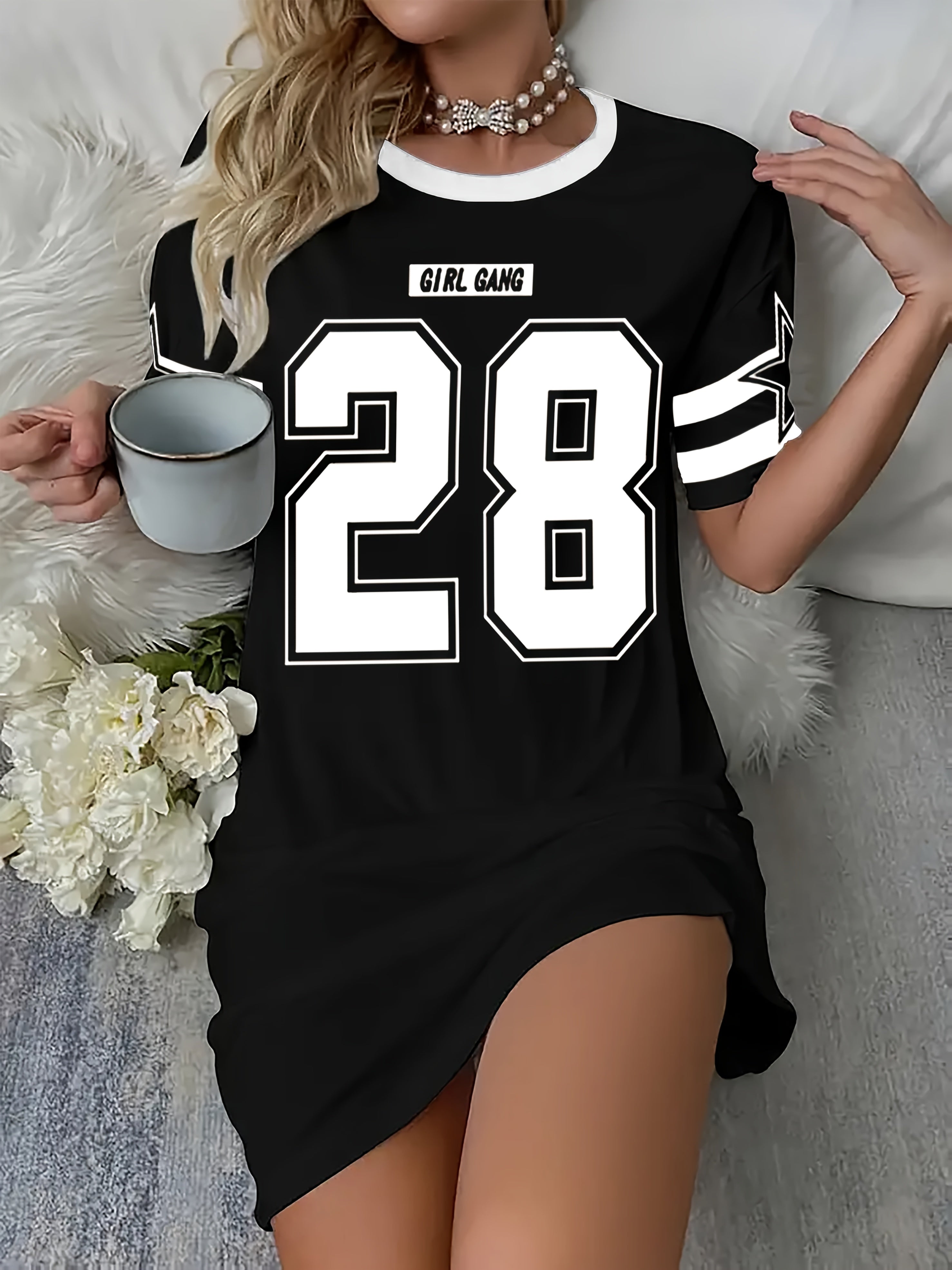 Women's Oversized Long T-Shirt Nightdress with Bold '28' Print & Letter Graphic - Soft Short Sleeve Lounge Dress for Home & Outings, Machine Washable Round Neck Casual Sleepwear, Versatile Nightdress | Modern Casual Dress | E