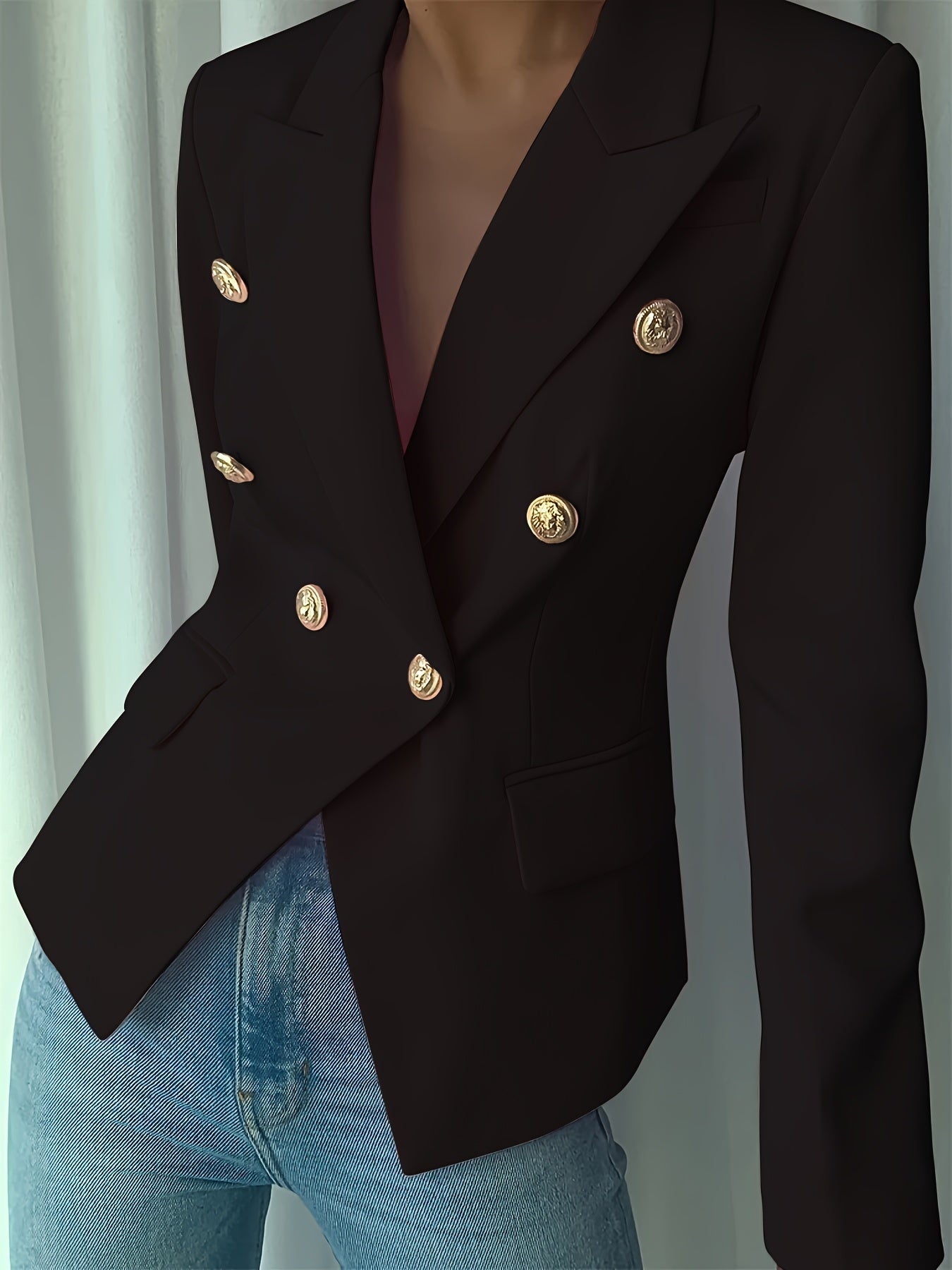 Women's Elegant Pink Double-Breasted Blazer - Polyester, Long Sleeve, Lapel Collar with Golden Buttons, Stylish Work Office Jacket