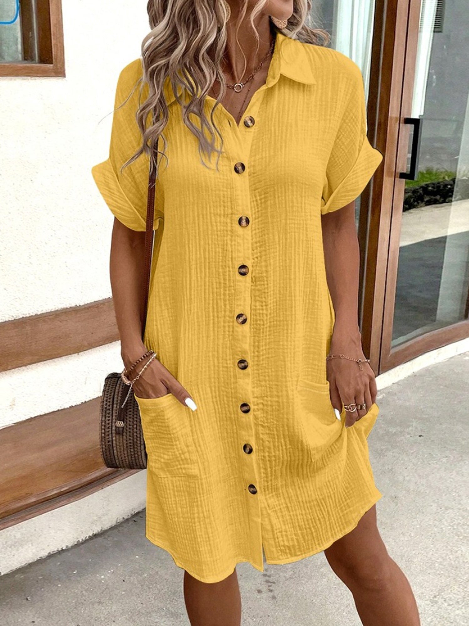 Women'S Summer Mini Dress Short Sleeve Lapel Collar Button Front Dress with Pockets Casual Beach Shirt Style Dress Lightweight Tie Waist