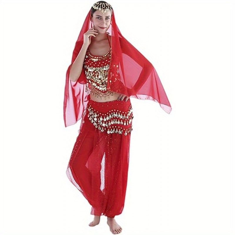 Glamorous 4pcs Indian Dance Costume Set - Headpiece, Bra, Trousers & Waist Chain - Vibrant Red & Golden Accents, Polyester Material - Perfect for Holidays, Performances & Festivals, Festival Attire|Exotic Attire|Polyester Cos