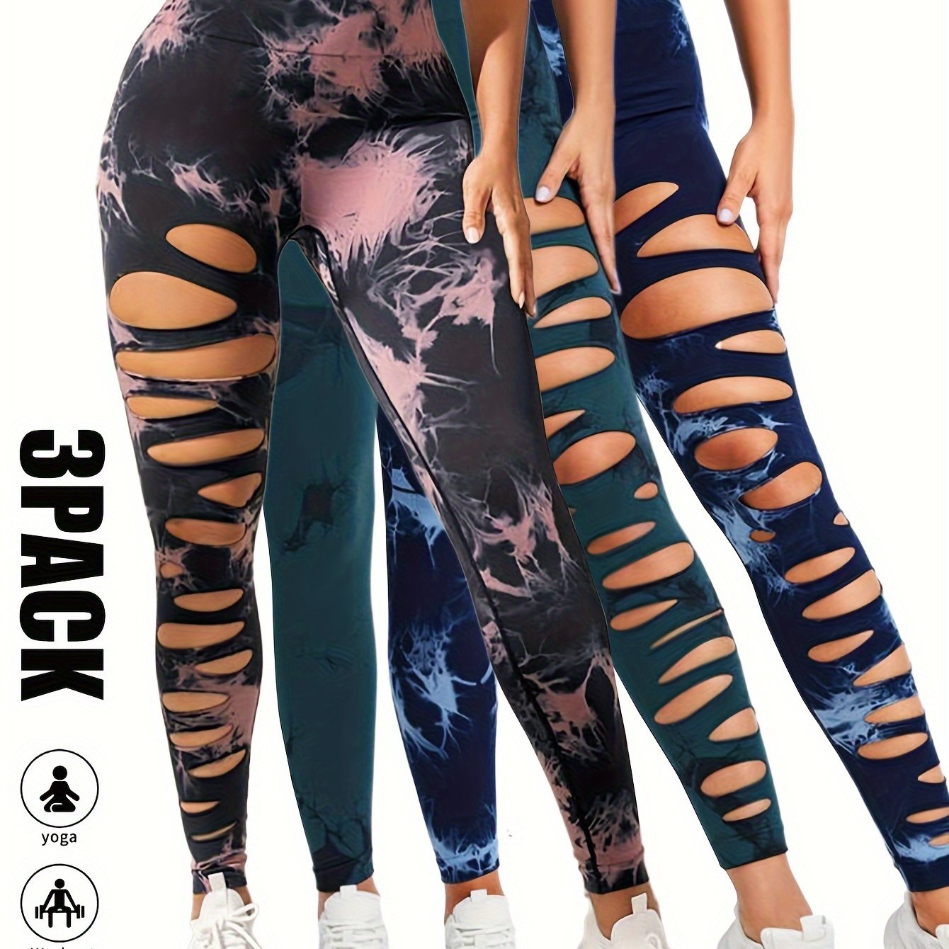 [3 Pack High Waist Yoga Leggings] 3 Pack Women's Tie Dye Cutout Tights High Waist Workout Yoga Leggings, Scrunch Butt Lifting Elastic Pants, Womens High Waist Yoga Pants Cutout Ripped Tummy Control Workout Running Yoga Skinny