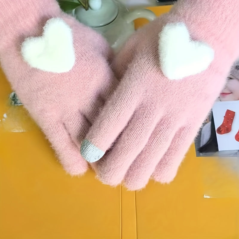 1 Pair Cozy Plush Love Heart Gloves for Women - Soft, Warm Touchscreen Mittens in Pink, Light Gray, White, and Beige - Thick Knit Winter Gloves with Elastic Fit for Evening Dates, Gloves for Cold Weather