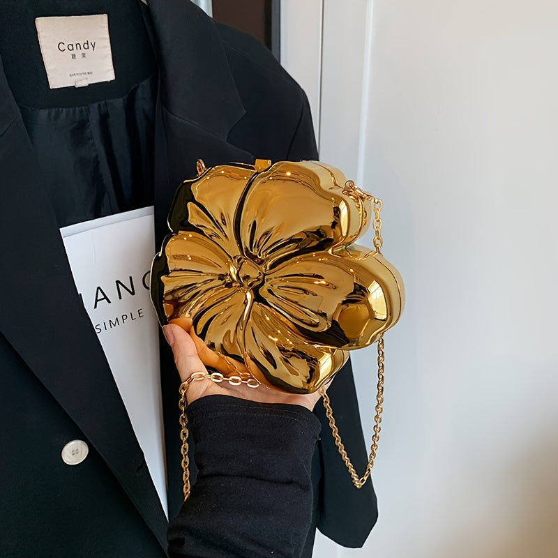 Y2K-Inspired Minimalist Golden Acrylic Crossbody Bag with Detachable Chain Strap – Stylish Flower Design for Women, Magnetic Closure, Perfect for Casual or Evening Outfits