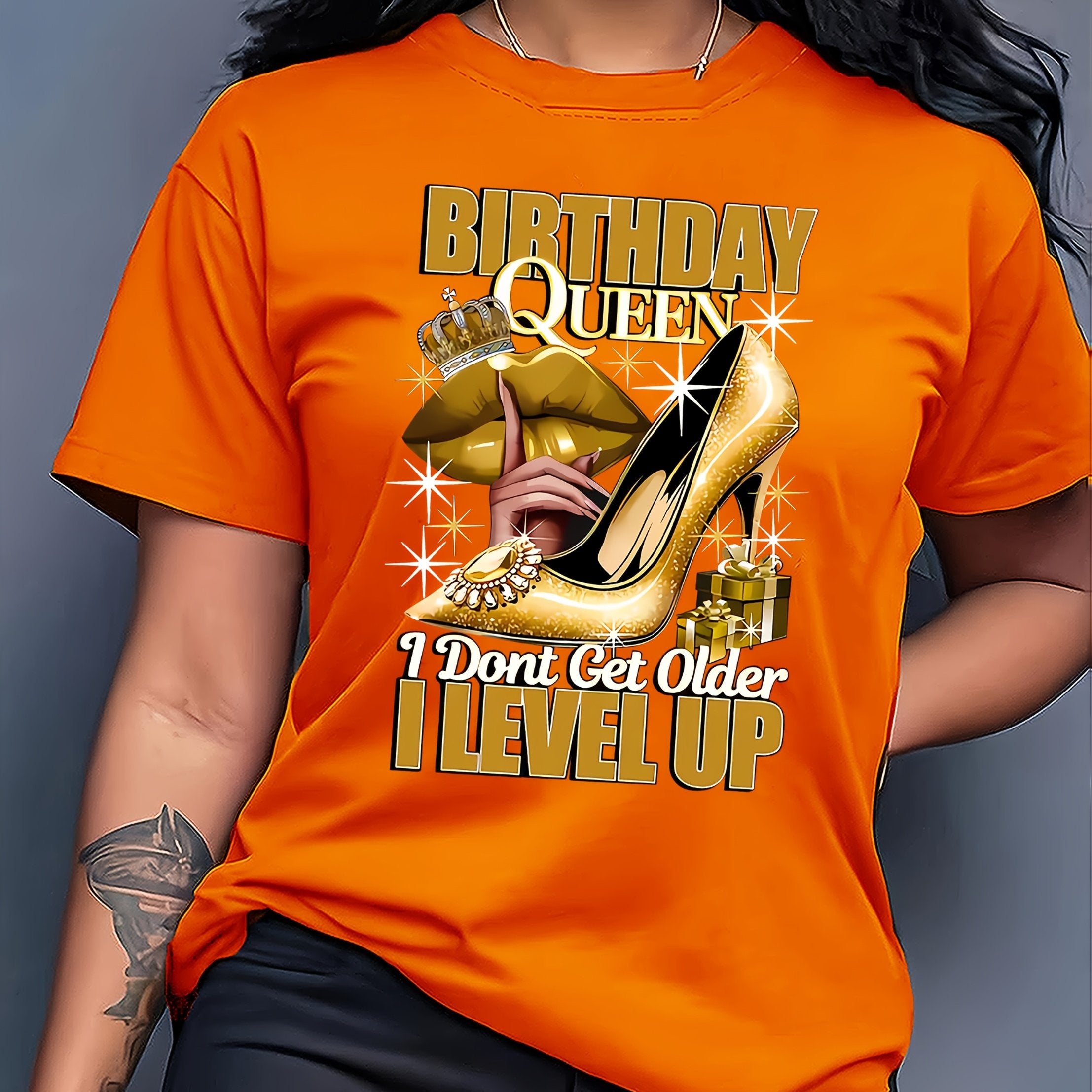 Birthday Queen Printed Women'S T-Shirt - Casual Crew Neck, Short Sleeve Top with High Heels & Crown Design, Perfect for Spring/Summer Celebrations, Birthday Party Apparel | Festive Design | Golden Crown Graphic, Birthday Part