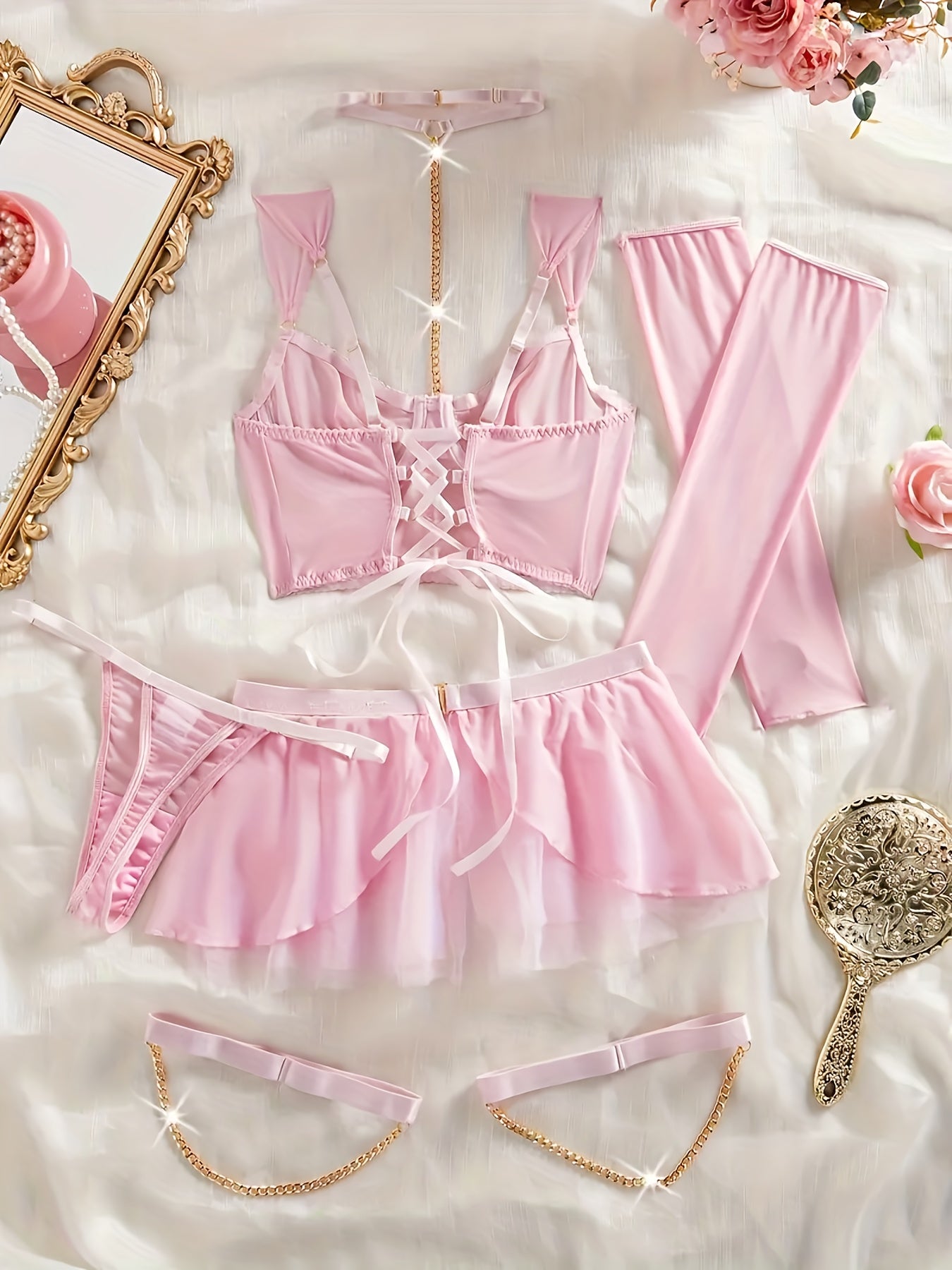 Hot Fashion Design Lingerie Set, Chain Tie Neck Tight Corset&skirt&sleeves&thong And Leg Rings, Women's Sexy Lingerie And Underwear