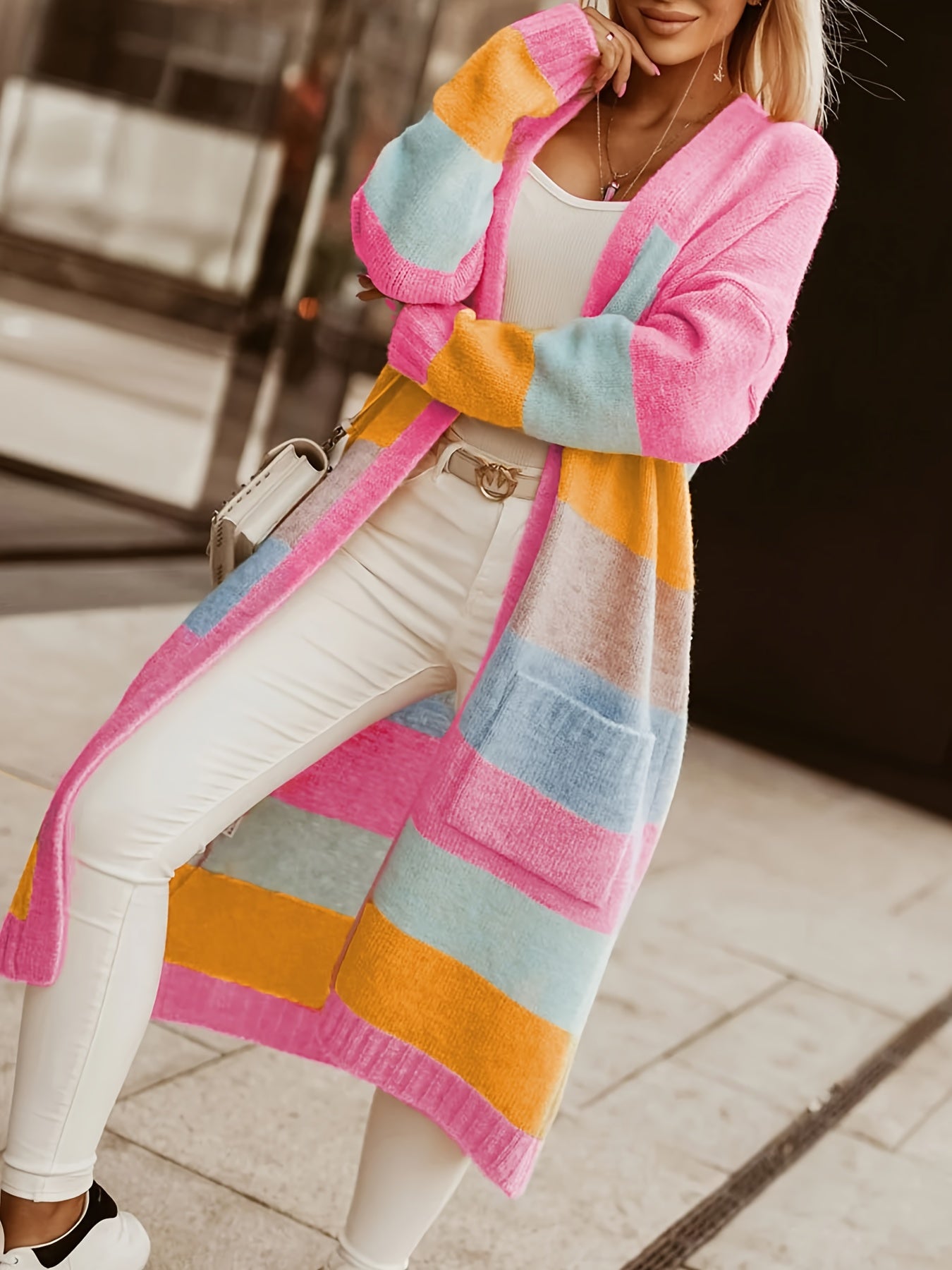 Color Block Open Front Cardigan, Casual Drop Shoulder Patched Pocket Long Sleeve Rib Knit Striped Cardigan, Women's Clothing