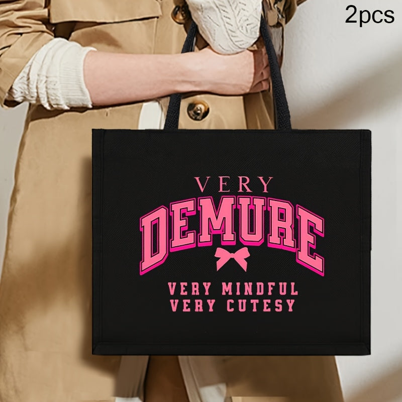 2pcs Chic Black Linen Tote & Makeup Bag Set with "VERY DEMURE" Print - Lightweight, Durable Shopping and Beach Travel Bags with Pink Bow Accent, Hand Washable