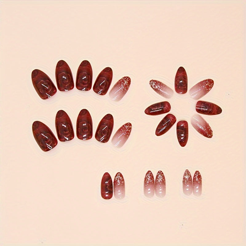 48pcs Safflower Fake Nails Red Gradient Nail Pressing, Flashing Medium-Long Almond Fake Nails, Elegant Fake Nails Girls Are Suitable As Fine Gifts for Each Other on Valentine'S Day.