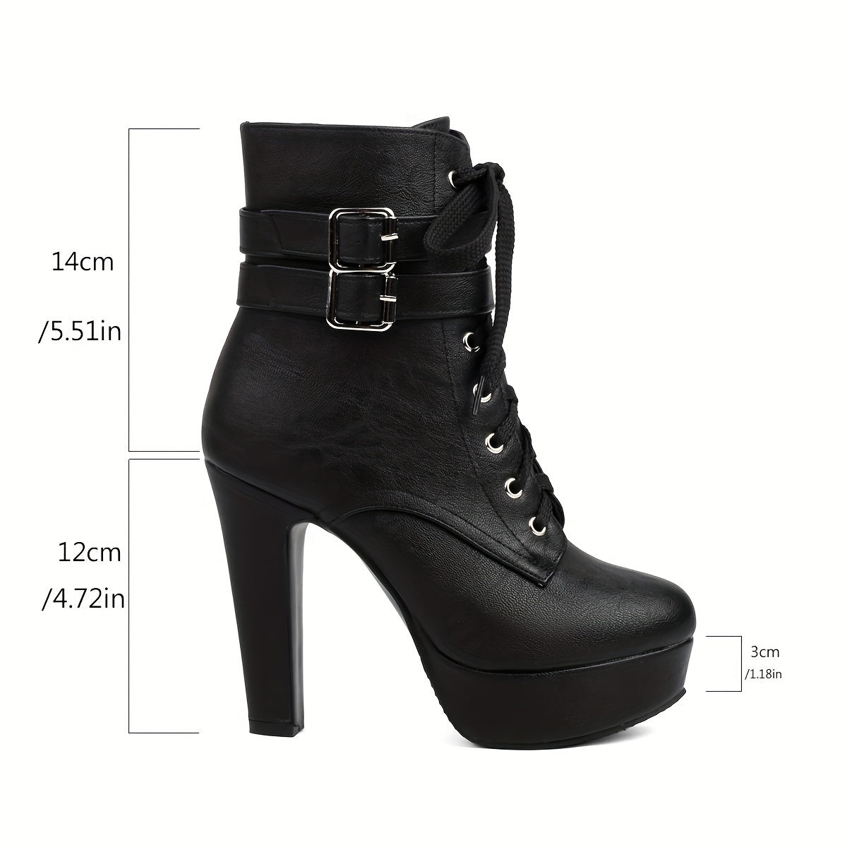 Women's Fashion Chunky Heel Ankle Boots, Autumn & Winter Round Toe High Platform, Side Zipper Lace-up With Metallic Buckle, Comfortable Booties