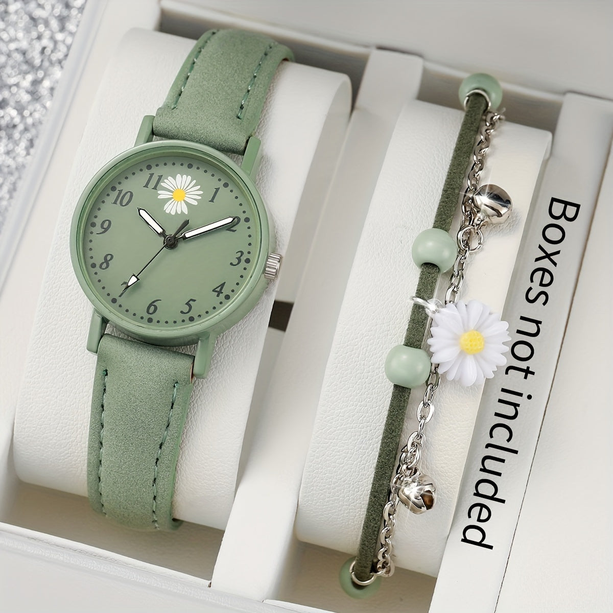 Women's Fashion Fresh Green Digital Flower Dial Quartz Watch + Bracelet 2pcs/set Without Watch Box