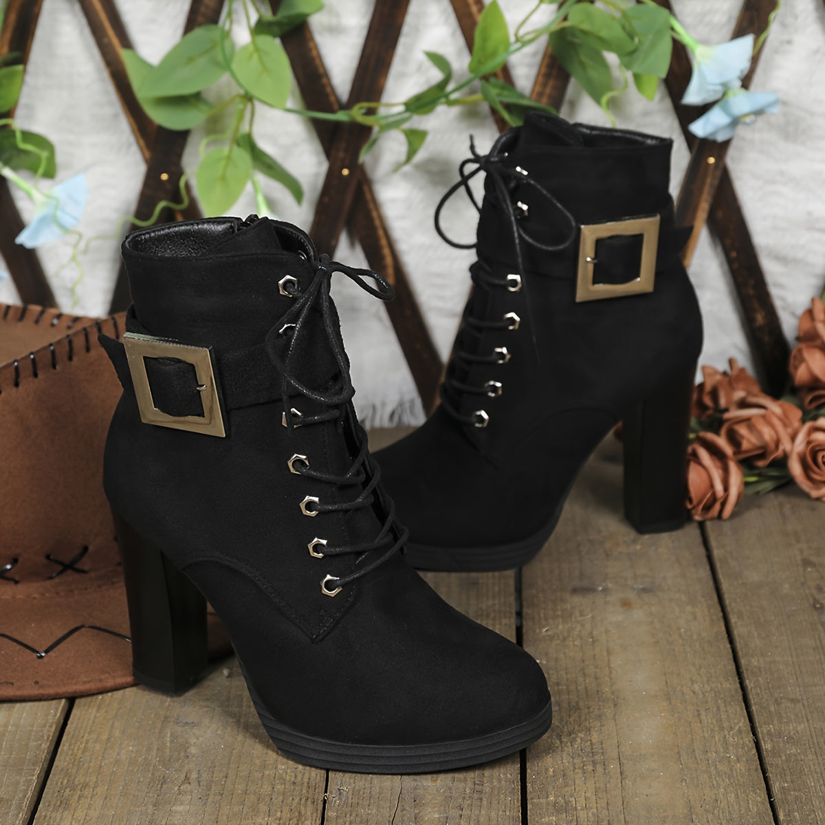 Chic Women's Ankle Boots with Block Heel - Casual Lace-Up & Side Zipper, Round Toe, Faux Cover