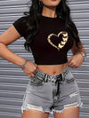 1pc Women'S Y2K Fashion Butterfly Heart Crop Top, Casual Crew Neck Short Sleeve Knit Fabric, Polyester 95% Spandex 5%, Slight Stretch, Geometric Pattern, All-Season Wear