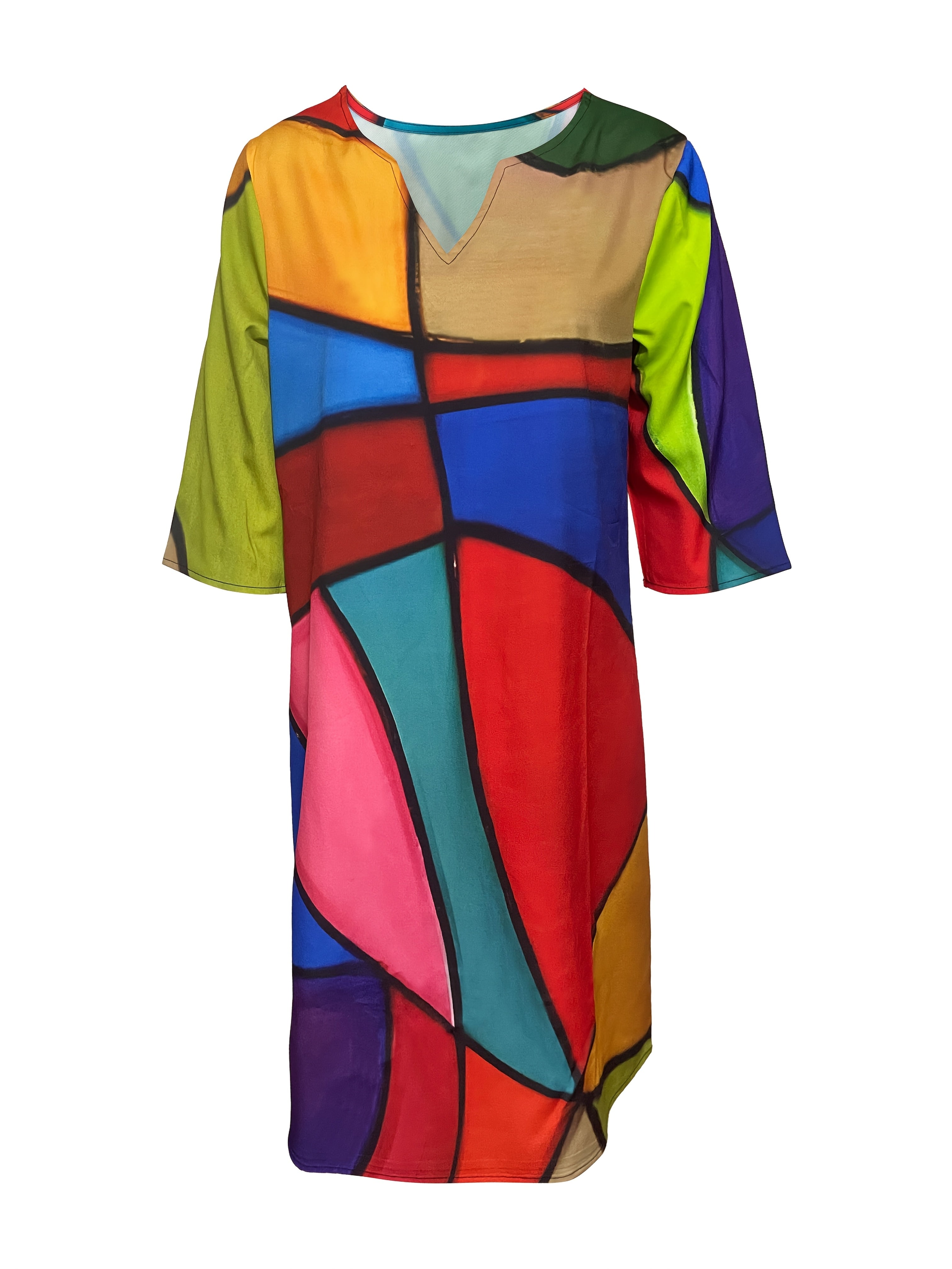 Women's Casual V-Neck Dress with 3/4 Sleeves - Retro Geometric Print, All-Season Polyester Blend, Machine Washable