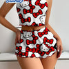 Sanrio for hello kitty Women'S Shorts Set - Elegant Off-Shoulder, Cartoon Print, Polyester Knit Pajamas with Ruffle Detail, All-Season Comfort, Adult Sleepwear, Shorts Set|Playful Print|Polyester Fabric