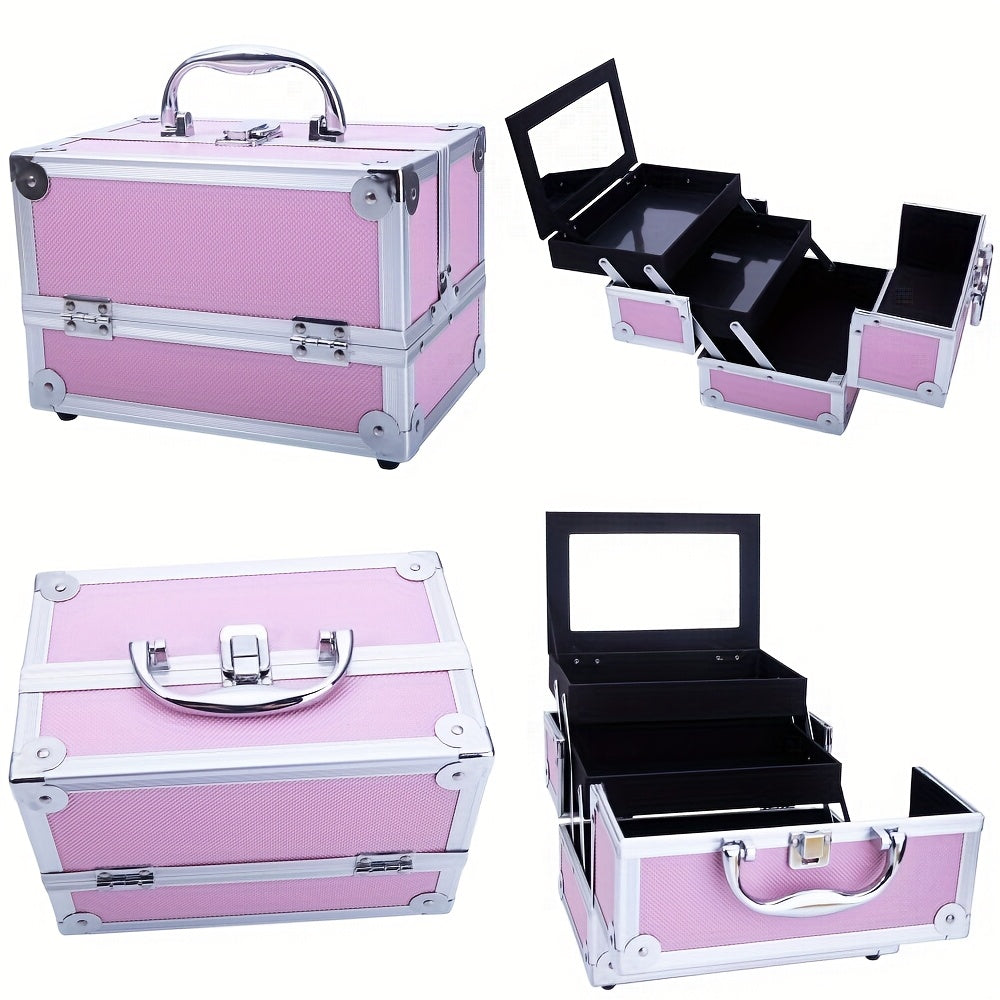 4in 1 Aluminum Cosmetic Professional Makeup Case Tattoo Box, Extra Large Cosmetic Case Rolling Makeup Case Trolley Makeup Travel Organizer with 360° Swivel Wheels Pink Black