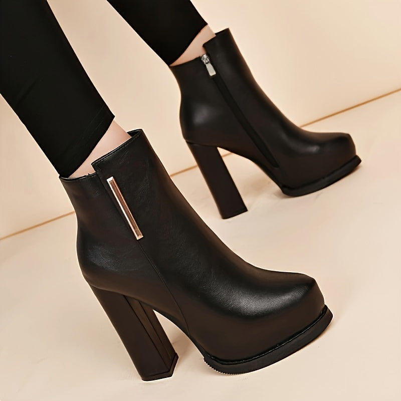 Soft Touch Solid Color Minimalist Boots - Smooth Side Zipper, Comfort Platform, Sturdy Chunky Heel - Classic Round Toe, Slim & Versatile Style