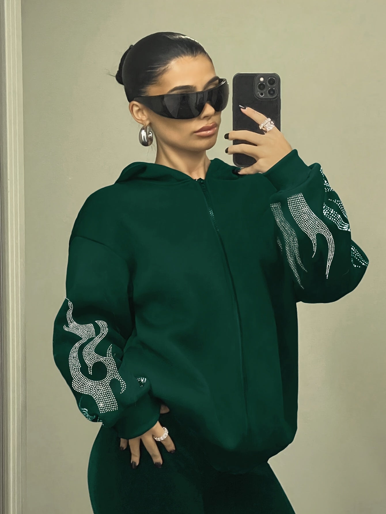 Women's Casual Hooded Sweatshirt with Geometric Pattern, Zip-Up Closure, Polyester and Spandex Blend, Machine Washable - All Seasons
