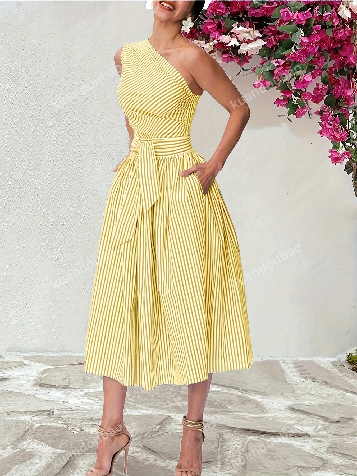 Women'S Casual Loose Fit Striped Sleeveless Dress with Belt, Off the Shoulder Collar, Side Pockets - Perfect for Spring/Summer