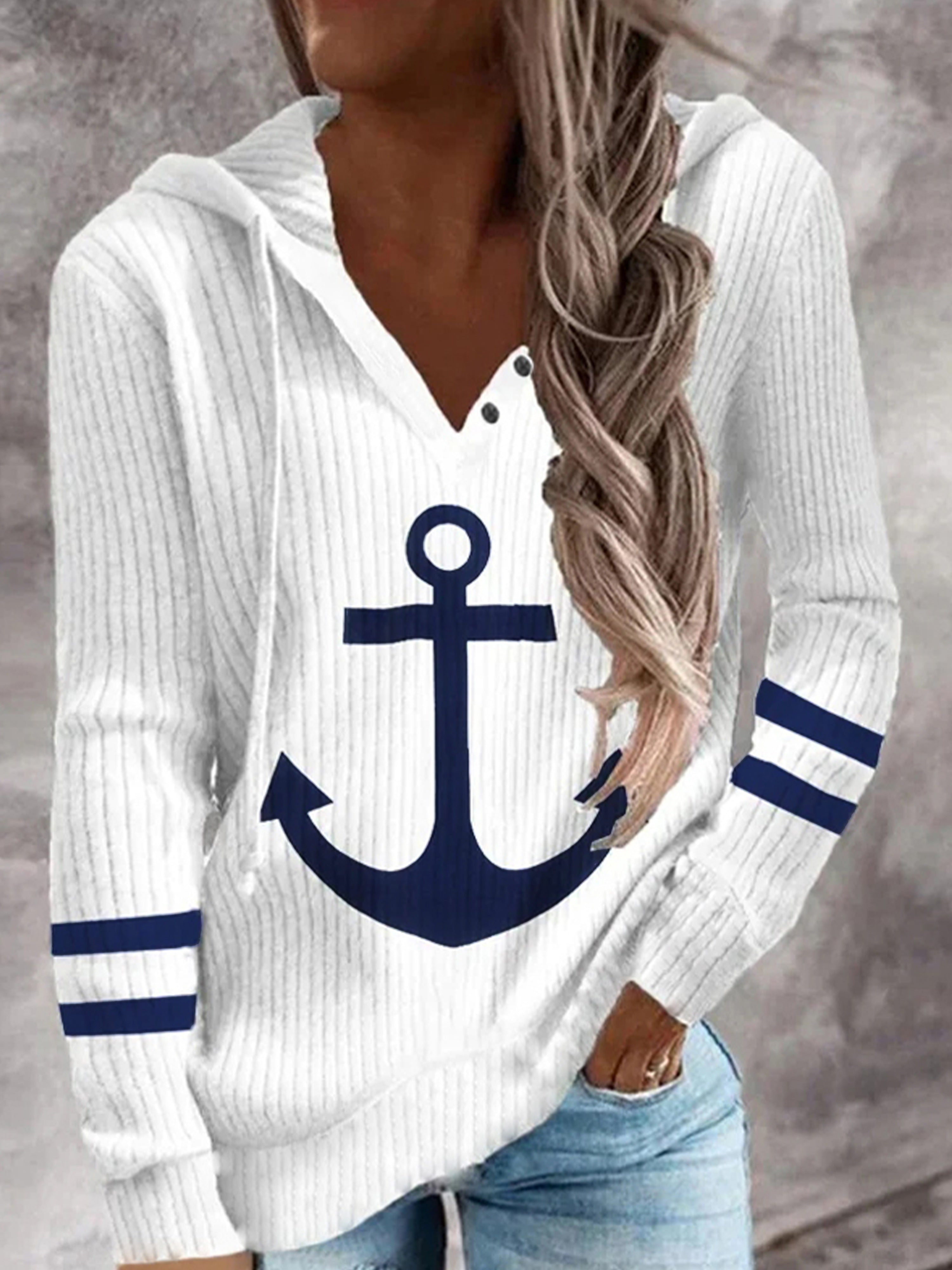 Stylish Anchor Print Button Hoodie - Soft Casual Long Sleeve Drawstring Sweatshirt with Relaxed Fit, Women's Comfortable Clothing for Daily Wear
