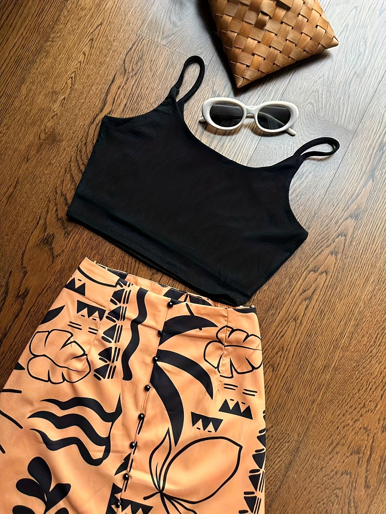 Summer Vacation Black Camisole + Print Skirt Set