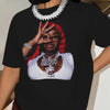 Women's Hip-Hop Street Style Portrait Print T-Shirt - Casual Black Crew Neck, Short Sleeve Top with Red & Green Hair Character Graphic, Polyester, Machine Washable for Spring & Summer, Spring Fashion|Edgy Graphic Shirt|Glossy