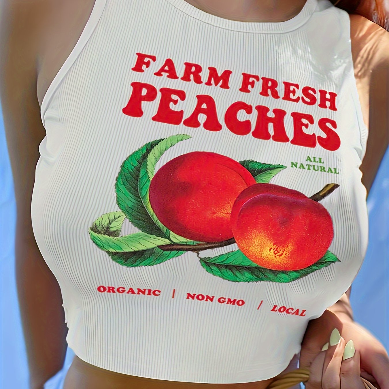 Y2K Sleeveless Crop Tank Top - Peach Print Crew Neck - Women's Spring & Summer Clothing