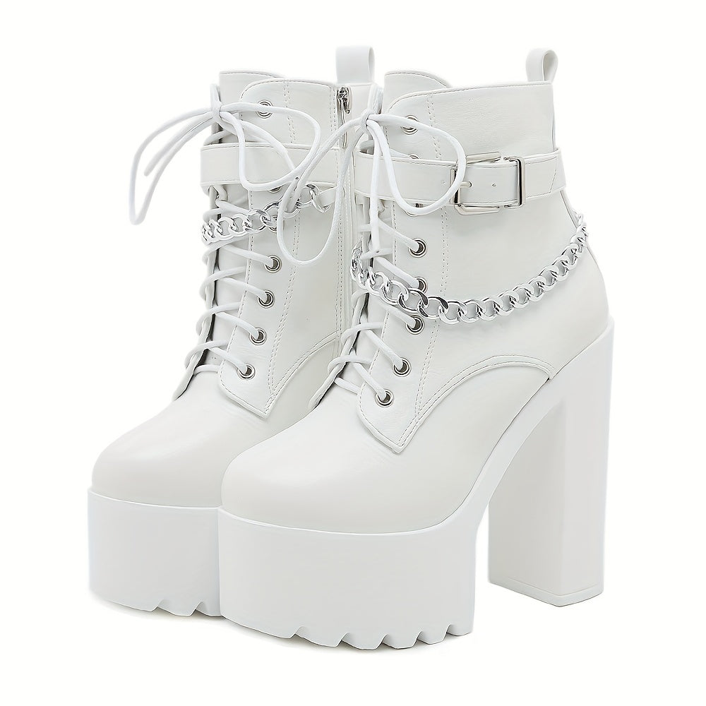 Women's Chain Decor Block Heeled Boots, Fashion Lace Up Side Zipper Boots, Women's Stylish Ankle Boots